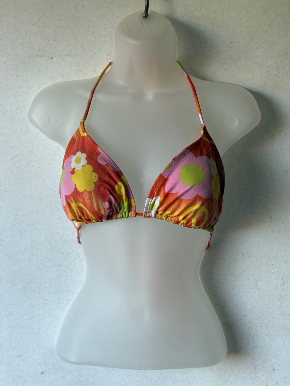 No Boundaries Orange Daisies & Peace Signs Halter Triangle String Bikini Top